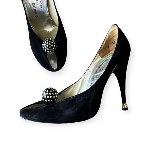 Vintage Charles Jourdan Black Suede Heel with Rhinestone Ball. Size 7 2A - Picture 15 of 15